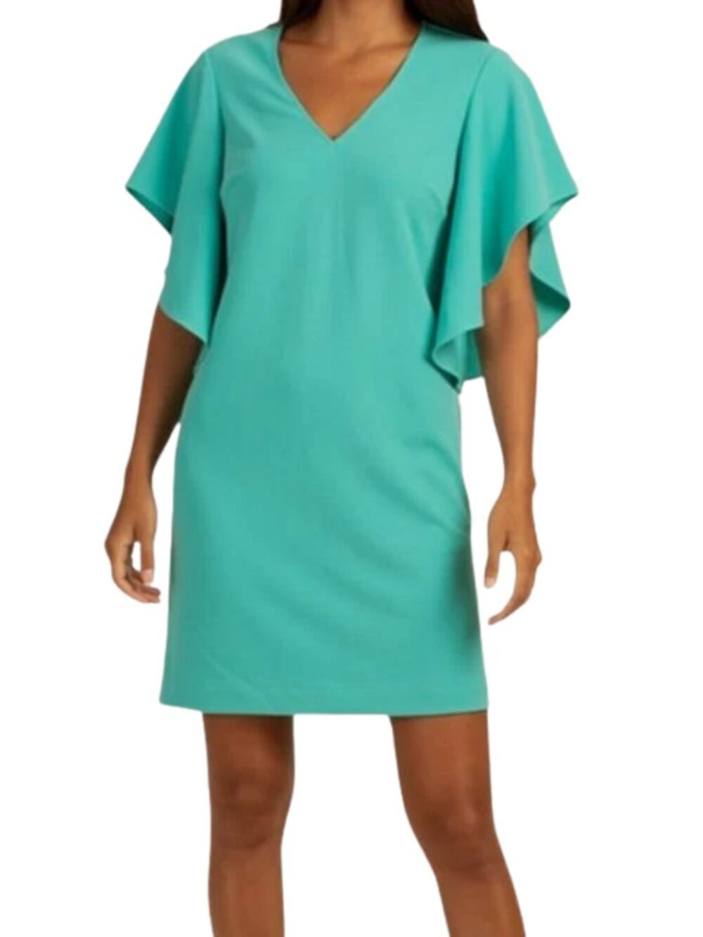 Trina Turk Moore Flutter Sleeve Crepe Mini Dress Women's 12 Aqua Blue Party NWT